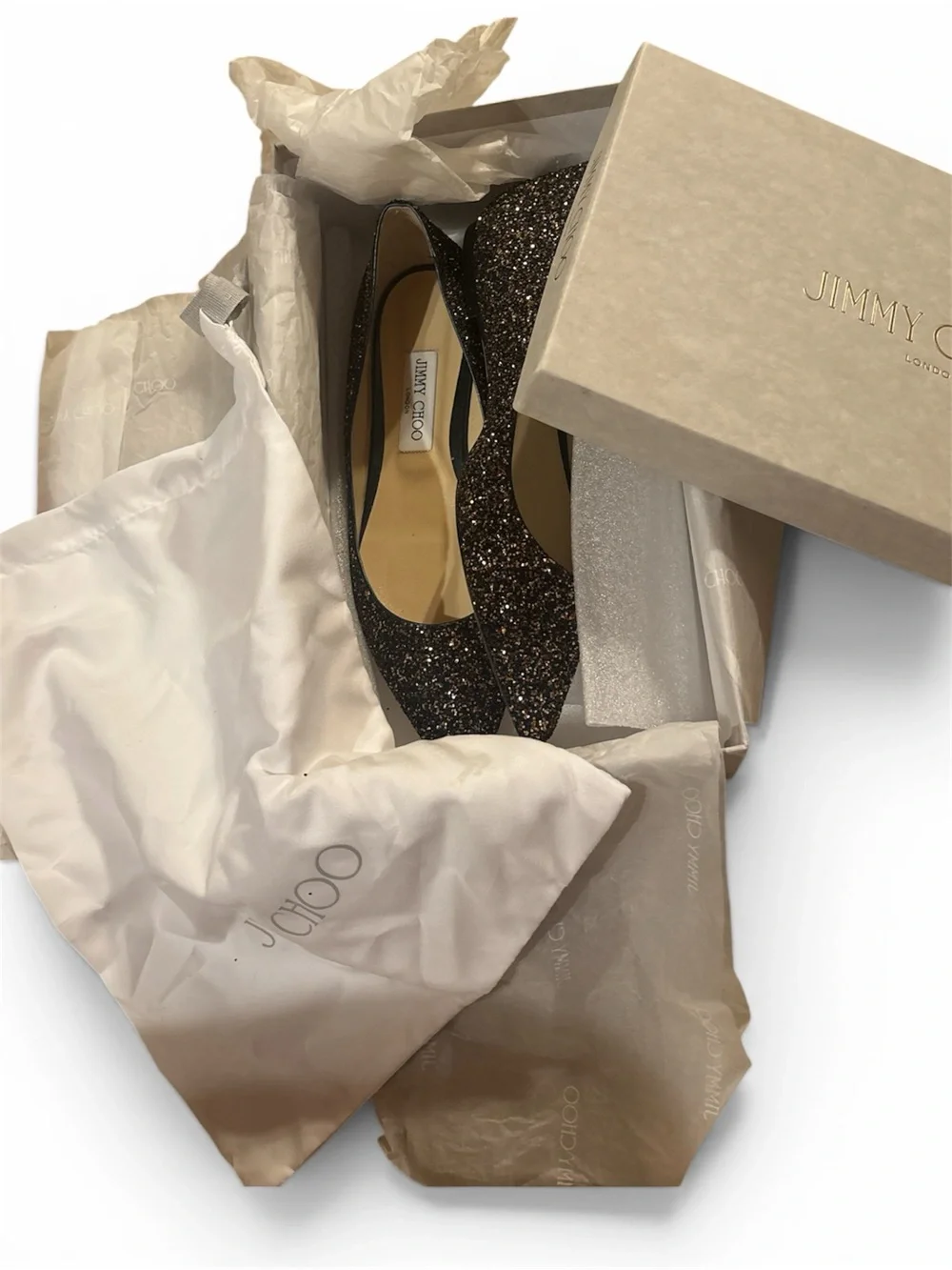 Jimmy Choo Women's Black Glitter Pointed Toe Romy Flats size 39 1/2 NWT’s & box!